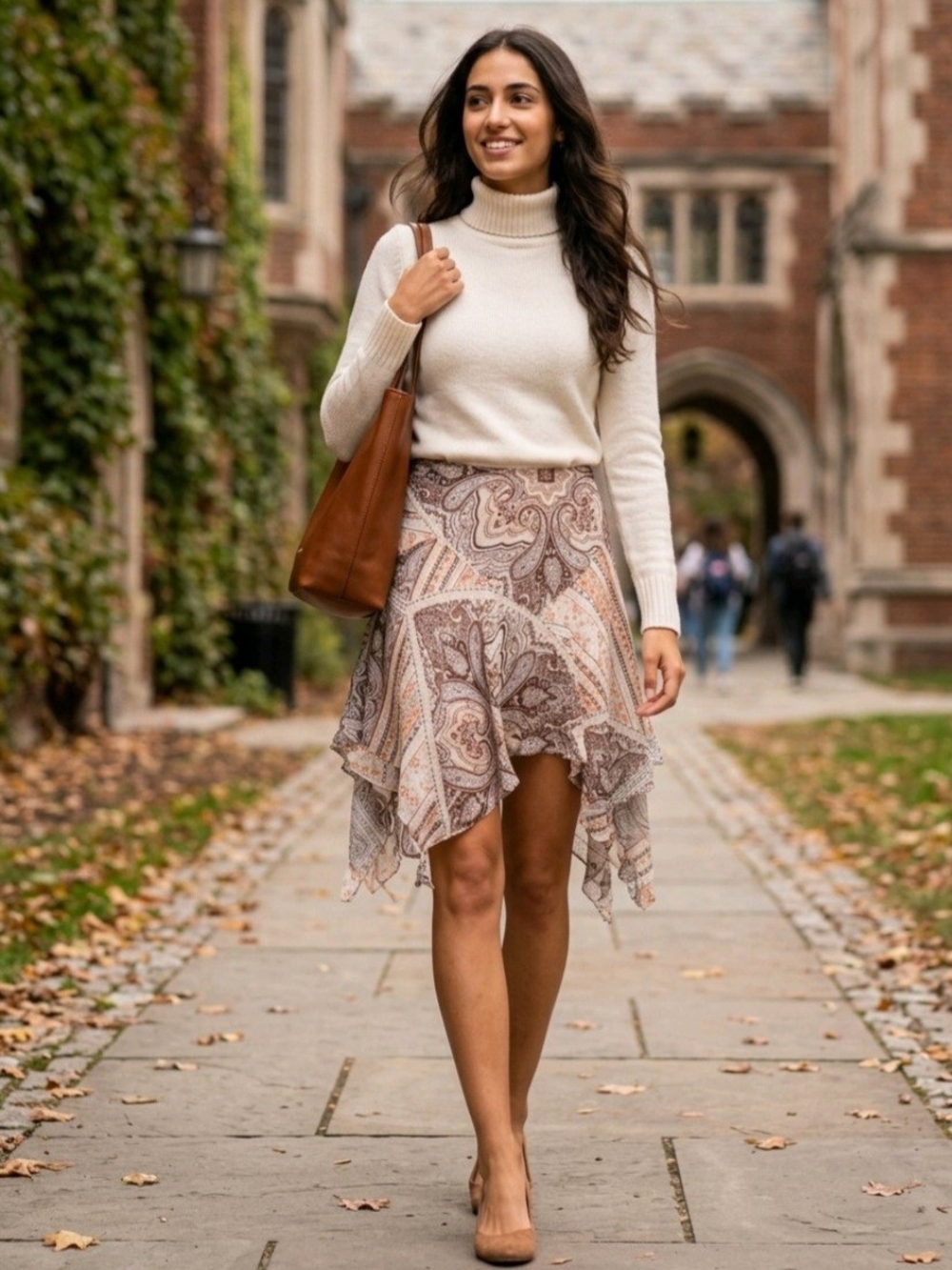 Lefton Paisley Asymmetrical Handkerchief Hem Skirt in Brown and Cream
